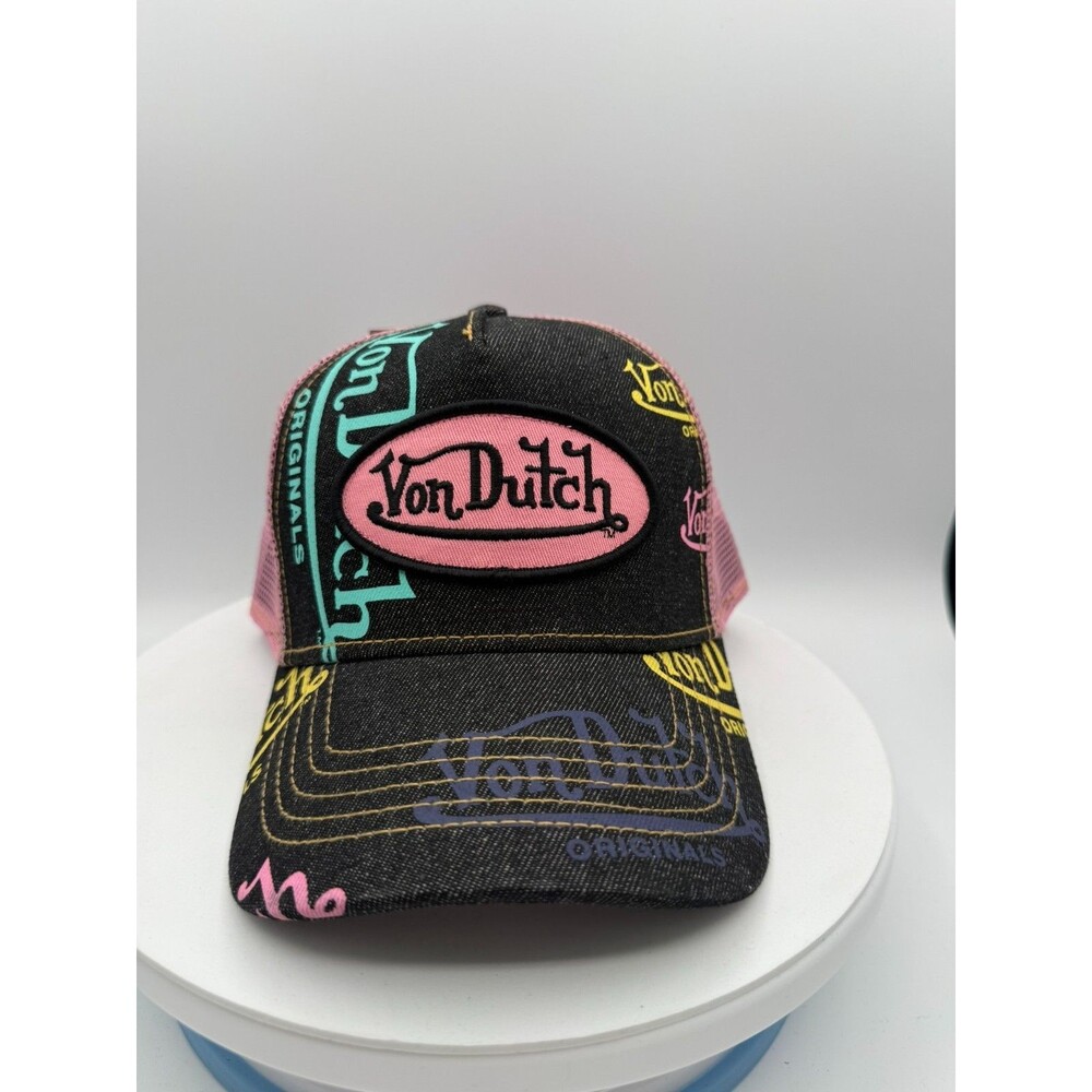 Von Dutch Trucker Hat Denim Mesh Snapback Cap Pink Multi Logo NWT